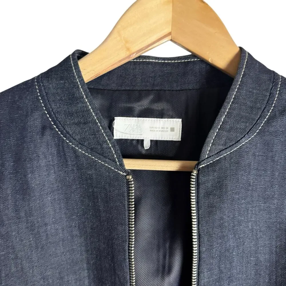 Zara Dark Chambray Denim 2 Piece Pleated Mini Skirt Jacket Co-Ord Set S